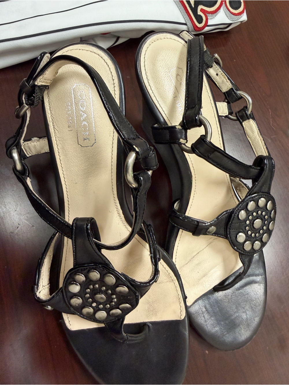 Coach Black Leather Studded T-Strap Sandals with Cream Insole